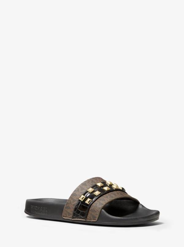 Damske Slapky Michael Kors Brandy Studded Logo and Embossed Leather Hnede - Topanky Michael Kors Akcia | FEURJ-5628